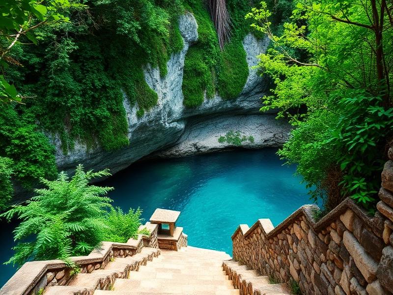 Secluded stone staircase leading down to a quiet blue lagoon